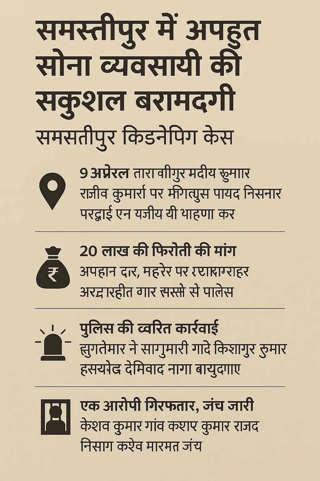 Samastipur News Today: समस्तीपुर में सोना व्यापारी का अपहरण, 20 लाख की फिरौती मांग और पुलिस की त्वरित कार्रवाई की पूरी जानकारी को दर्शाता हिंदी इन्फोग्राफिक।
