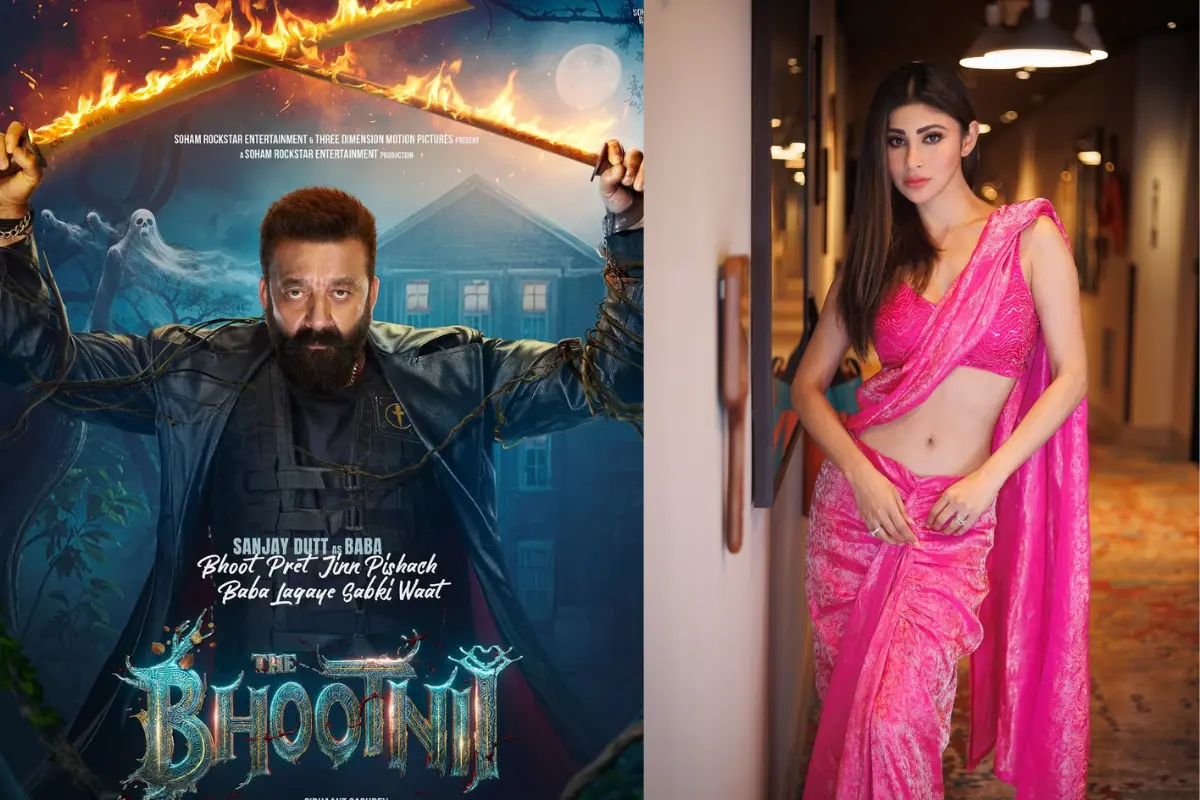 The Bhootnii फिल्म में मौनी रॉय और संजय दत्त का एक सीन, हॉरर और कॉमेडी से भरपूर मूवी पोस्टर।