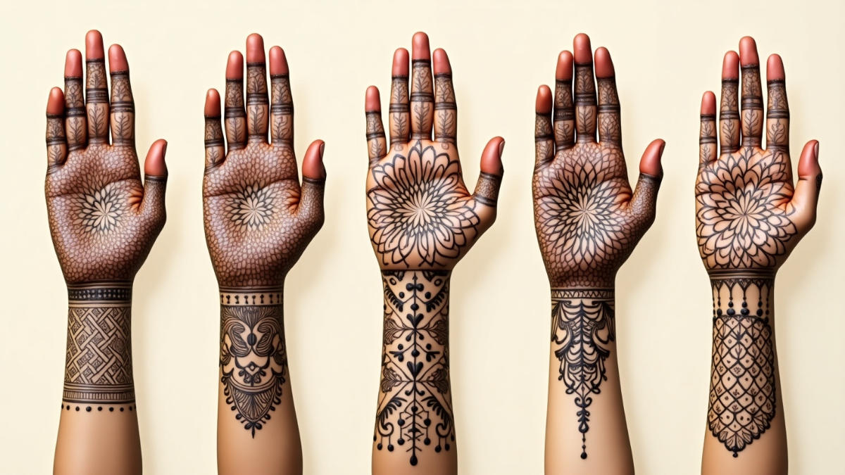 Bridal Unique Mehndi Design: समस्तीपुर की दुल्हनों के लिए 5 यूनिक ब्राइडल मेहंदी डिज़ाइन्स जो बनाए लुक को रॉयल 2 A collage of five hands featuring unique bridal mehndi designs, each with a distinct style including floral patterns, mandalas, Arabic fusion, and traditional Rajasthani motifs, displayed on a soft beige background.