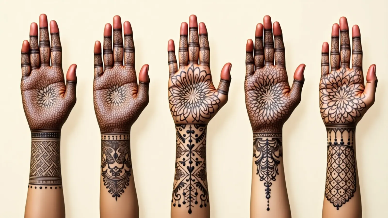 A collage of five hands featuring unique bridal mehndi designs, each with a distinct style including floral patterns, mandalas, Arabic fusion, and traditional Rajasthani motifs, displayed on a soft beige background.