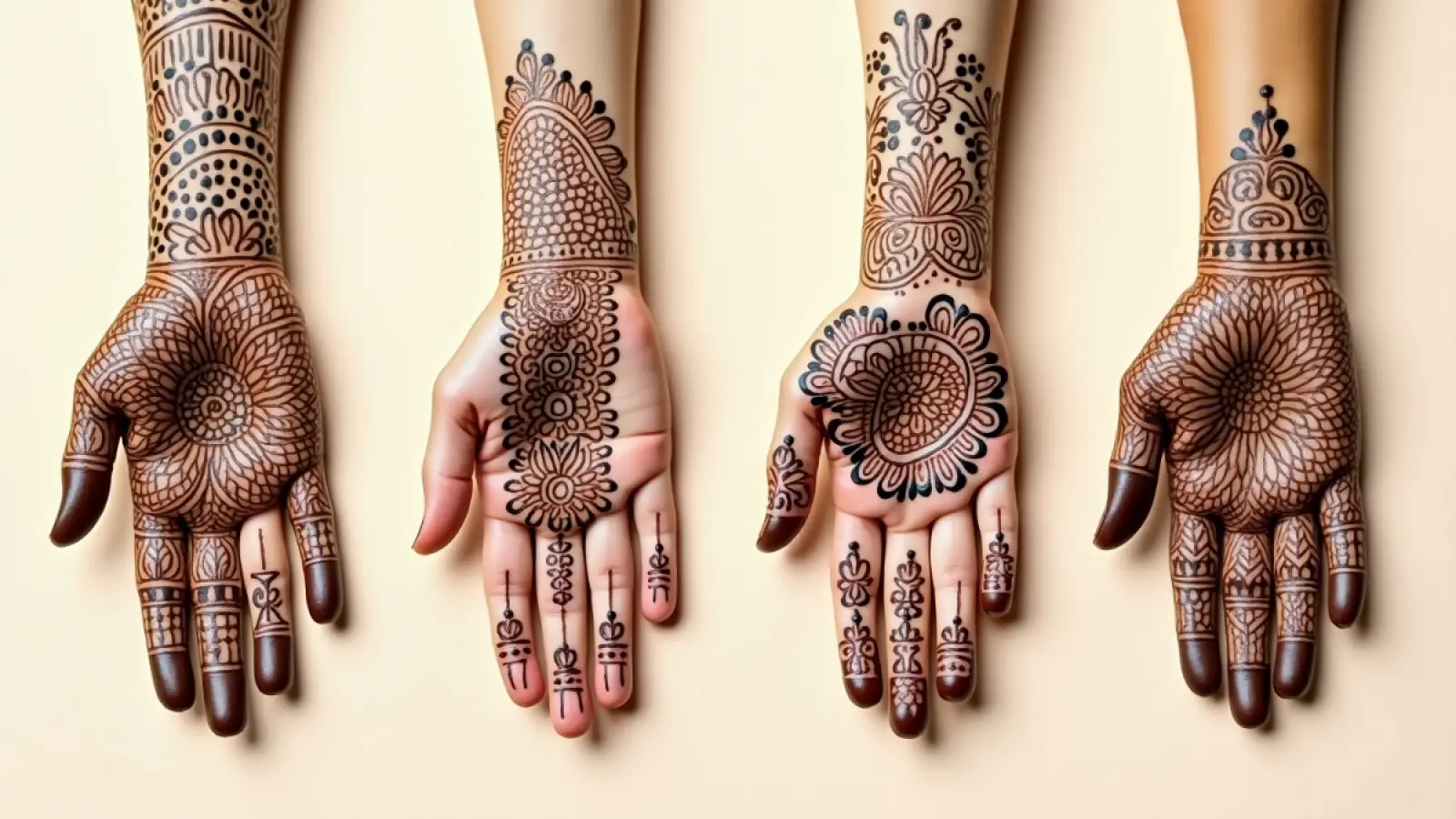 A collage of five hands featuring unique bridal mehndi designs, each with a distinct style including floral patterns, mandalas, Arabic fusion, and traditional Rajasthani motifs, displayed on a soft beige background.