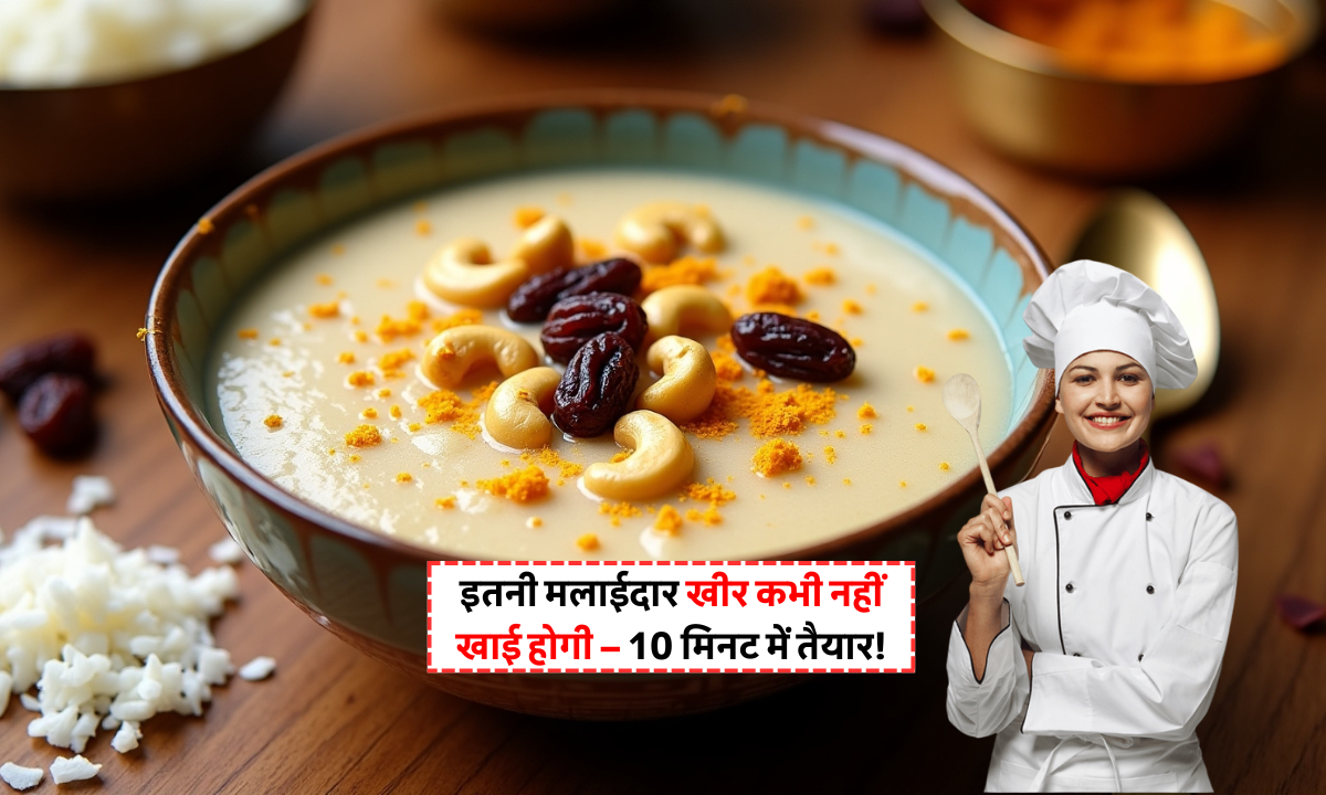 Coconut Kheer Recipe In Hindi: मॉडर्न अंदाज़ में बनाएं नारियल की खीर – घर पर आसान तरीका 1 Coconut Kheer Recipe In Hindi - मलाईदार नारियल की खीर एक कटोरी में परोसी गई, ऊपर से काजू और किशमिश से सजाई गई