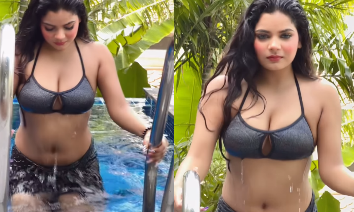 Hot Model Sexy Video in pink bikini giving bold poses in swimming pool – viral Instagram video screenshot