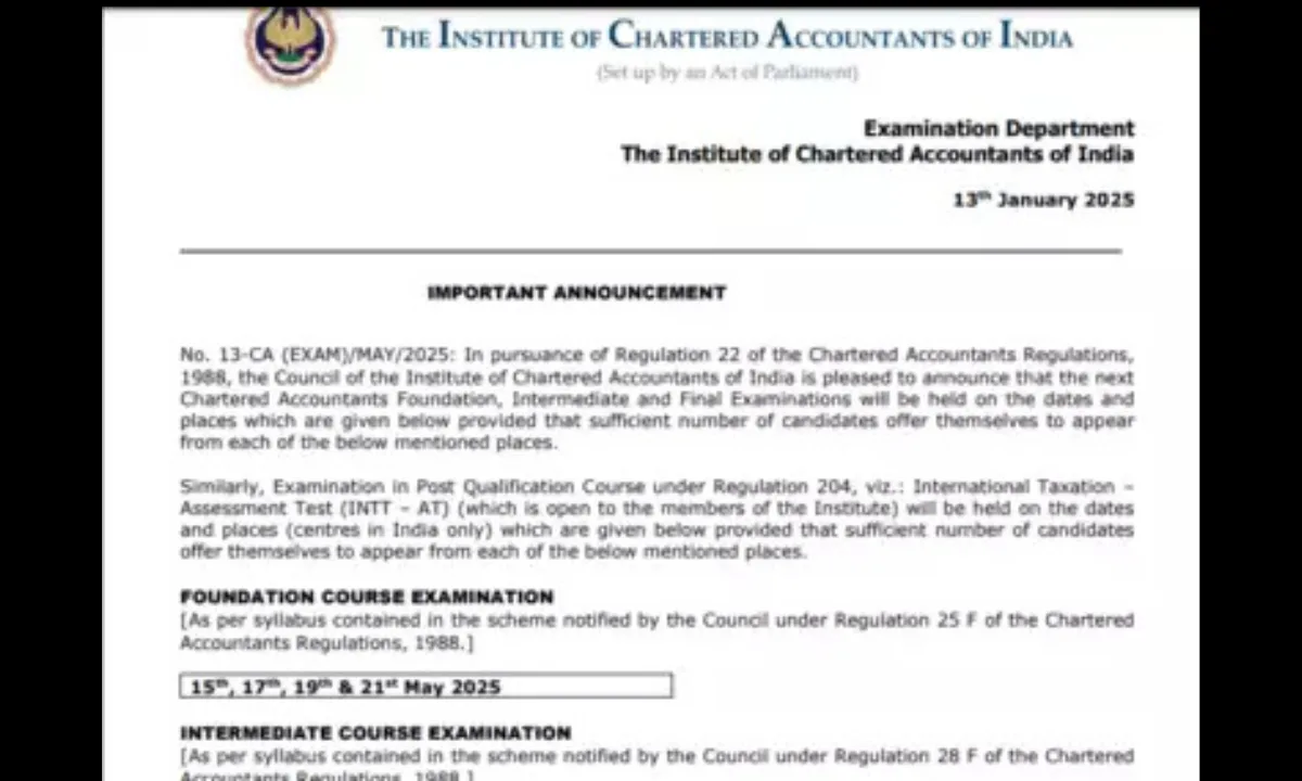 ICAI CA Exam Schedule 2025: ICAI द्वारा जारी किया गया मई 2025 सीए परीक्षा का नया शेड्यूल, जिसमें फाइनल, इंटरमीडिएट और INTT-AT की संशोधित तिथियां दिखाई गई हैं