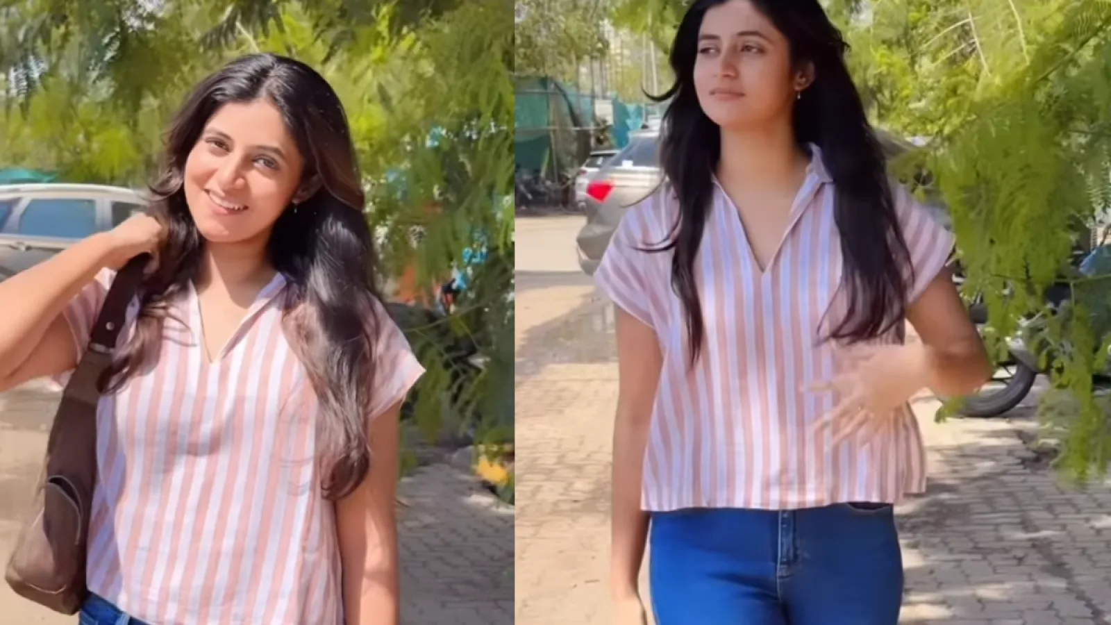Sanchita Bashu Instagram Viral Reel video on road with bag, expressing on Kumar Sanu and Alka Yagnik song Raah Mein Unse Mulaqat