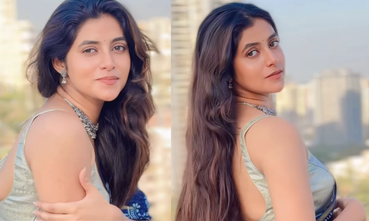 Sanchita Bashu Instagram Viral Reel: Sanchita Bashu in blue saree posing on rooftop while performing on Dil Mein Samailu Tu Hamar Banke song for Instagram reel