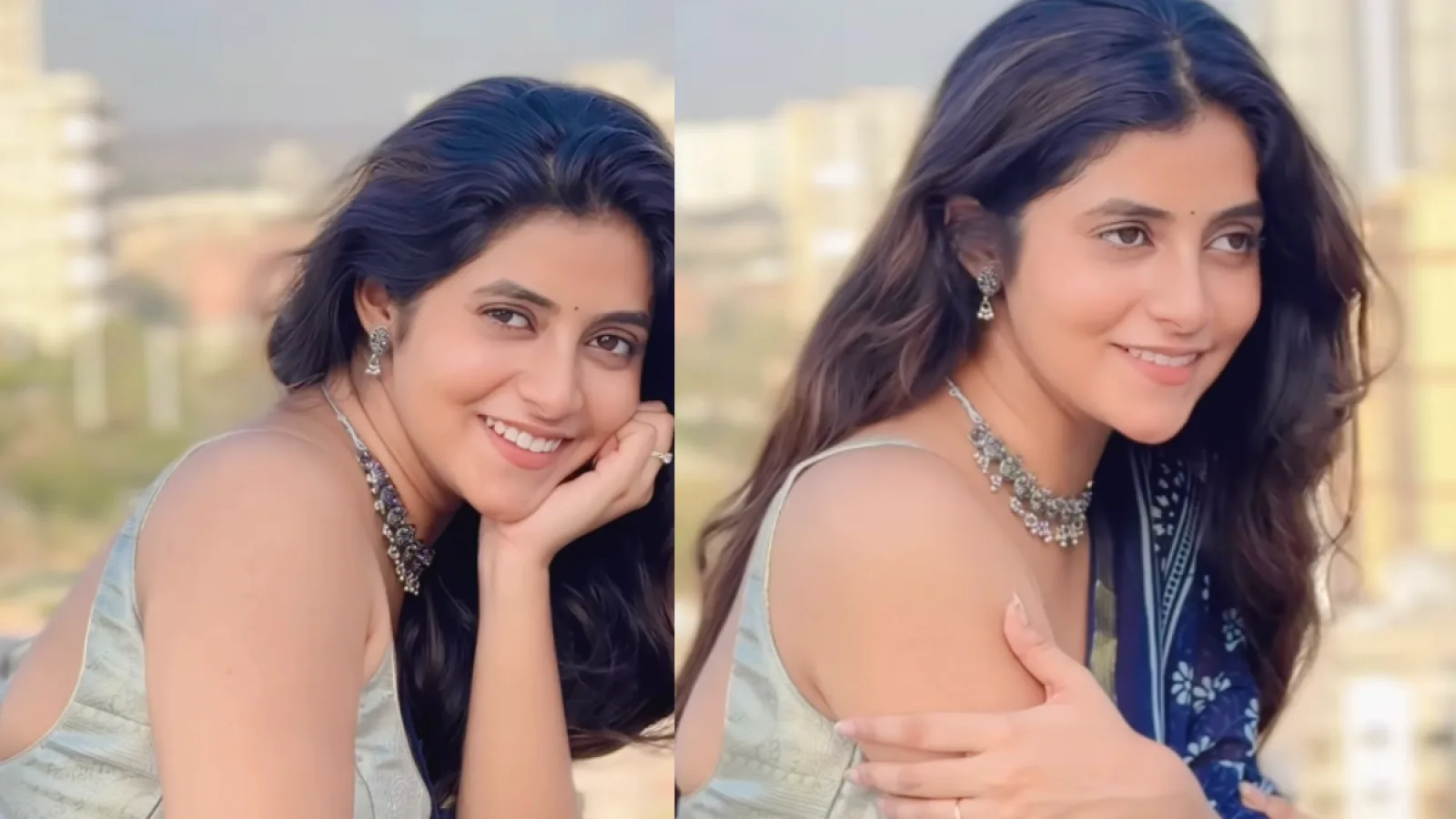 Sanchita Bashu Instagram Viral Reel: Sanchita Bashu in blue saree posing on rooftop while performing on Dil Mein Samailu Tu Hamar Banke song for Instagram reel