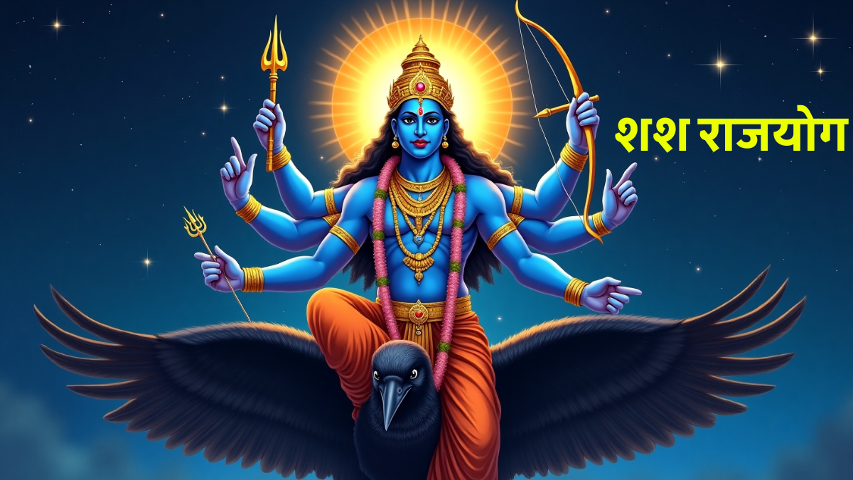 Shash Raj Yog में शनि ग्रह की स्थिति दिखाते हुए ज्योतिषीय कुंडली का चित्र, जिसमें चौथे, सातवें और दसवें भाव में शनि के प्रभाव से ऐश्वर्य, धन और सफलता दर्शाई गई है।