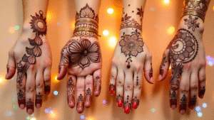 A Collage Of Five Hands Featuring Bridal Unique Mehndi Designs, Each With A Distinct Style Including Floral Patterns, Mandalas, Arabic Fusion, And Traditional Rajasthani Motifs, Displayed On A Soft Beige Background.