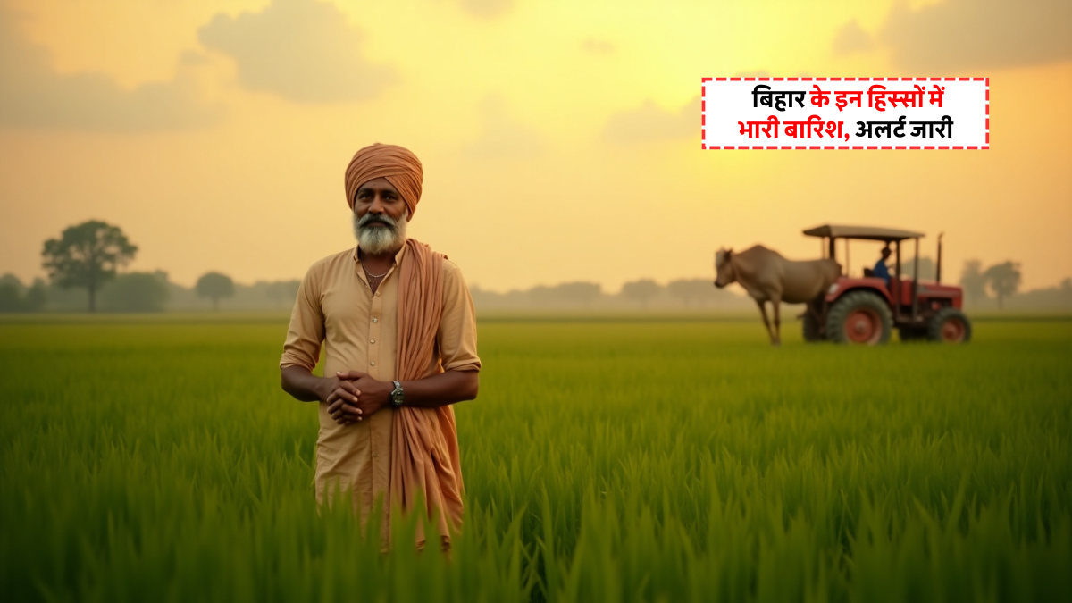 "Bihar Me Aaj Ka Mausam: भारी बारिश और येलो अलर्ट के बीच खेतों में काम करते किसान और भीगे शहर का दृश्य