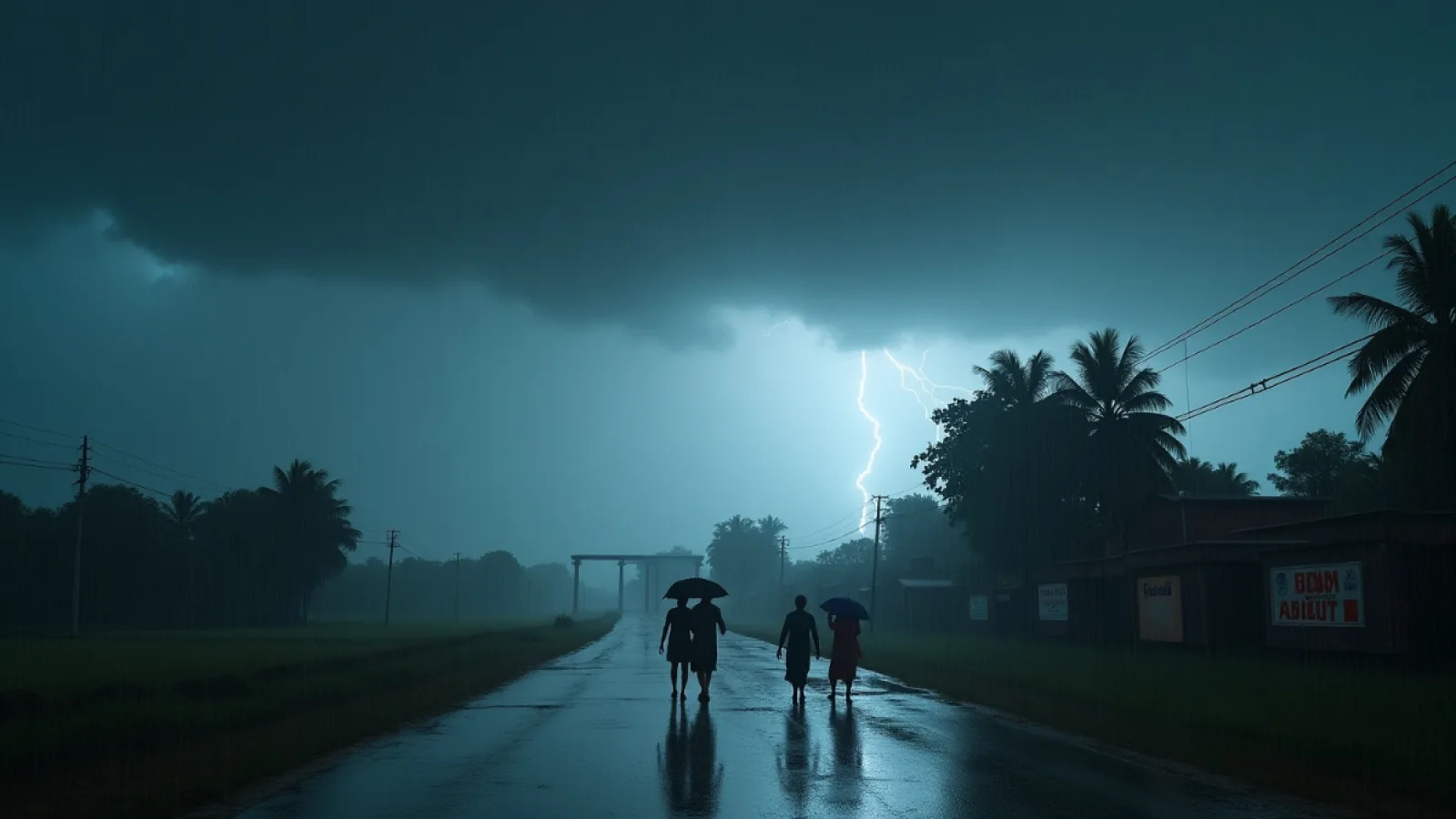 Bihar Rain Alert 2025 – तेज बारिश और आंधी के बीच भीगते लोग, काले बादलों से घिरा आसमान और अलर्ट में लोग