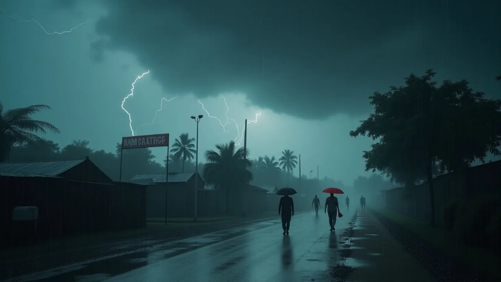 Bihar Rain Alert 2025 – तेज बारिश और आंधी के बीच भीगते लोग, काले बादलों से घिरा आसमान और अलर्ट में लोग