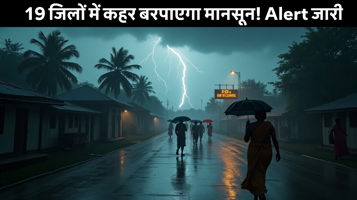 Bihar Rain Alert 2025 – तेज बारिश और आंधी के बीच भीगते लोग, काले बादलों से घिरा आसमान और अलर्ट में लोग