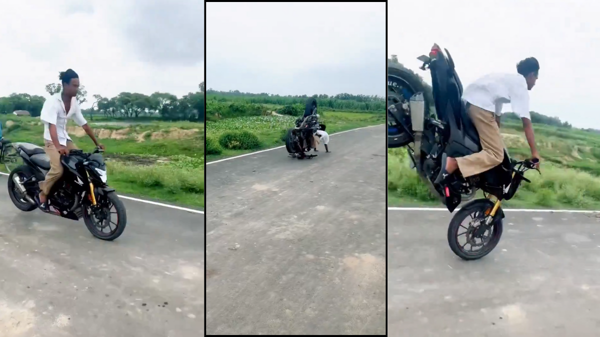 Bike Stunt Viral Video: एक युवक बाइक पर स्टॉपी स्टंट करते हुए सड़क पर गिरता है और घायल होता है