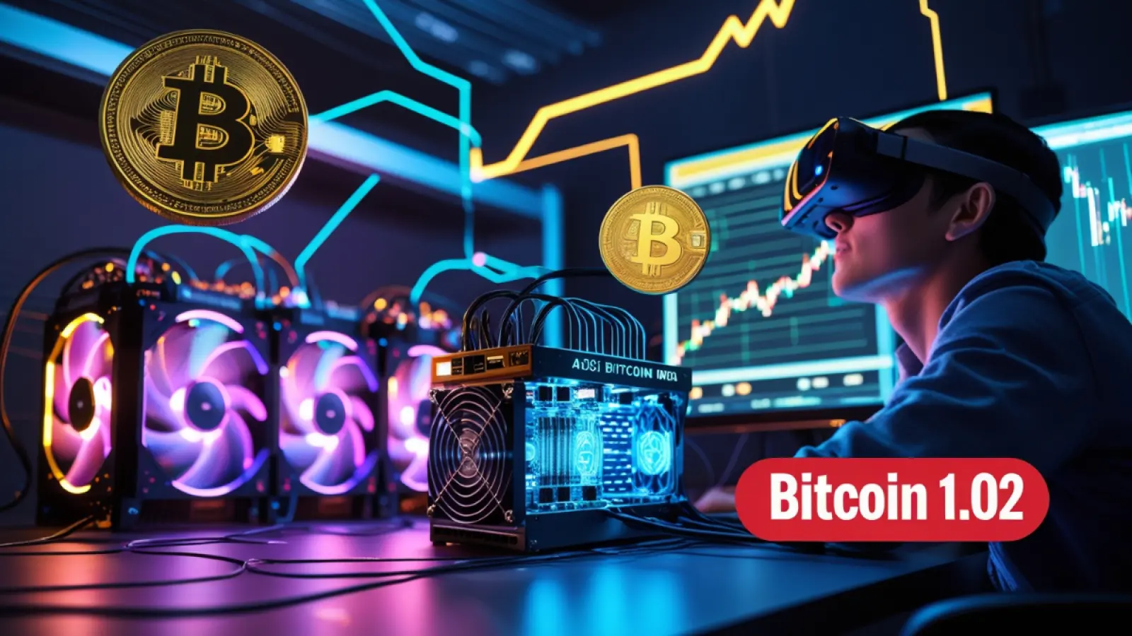 Crypto Mining setup with GPU and ASIC hardware, digital Bitcoin coin and mining software interface in background, representing cryptocurrency mining process in Hindi