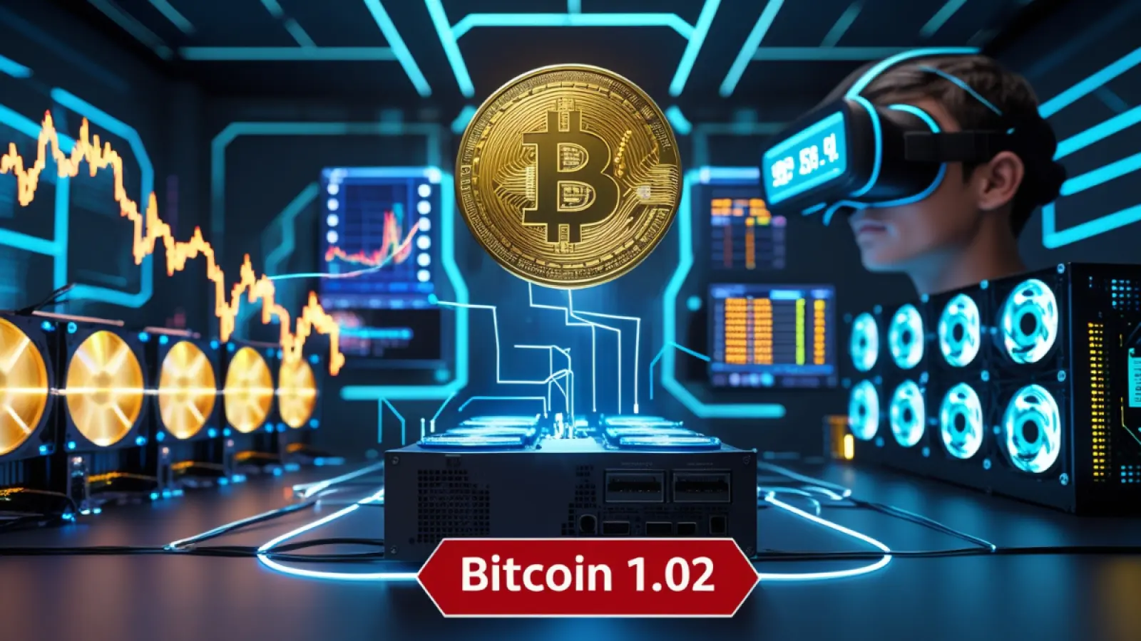 Crypto Mining setup with GPU and ASIC hardware, digital Bitcoin coin and mining software interface in background, representing cryptocurrency mining process in Hindi