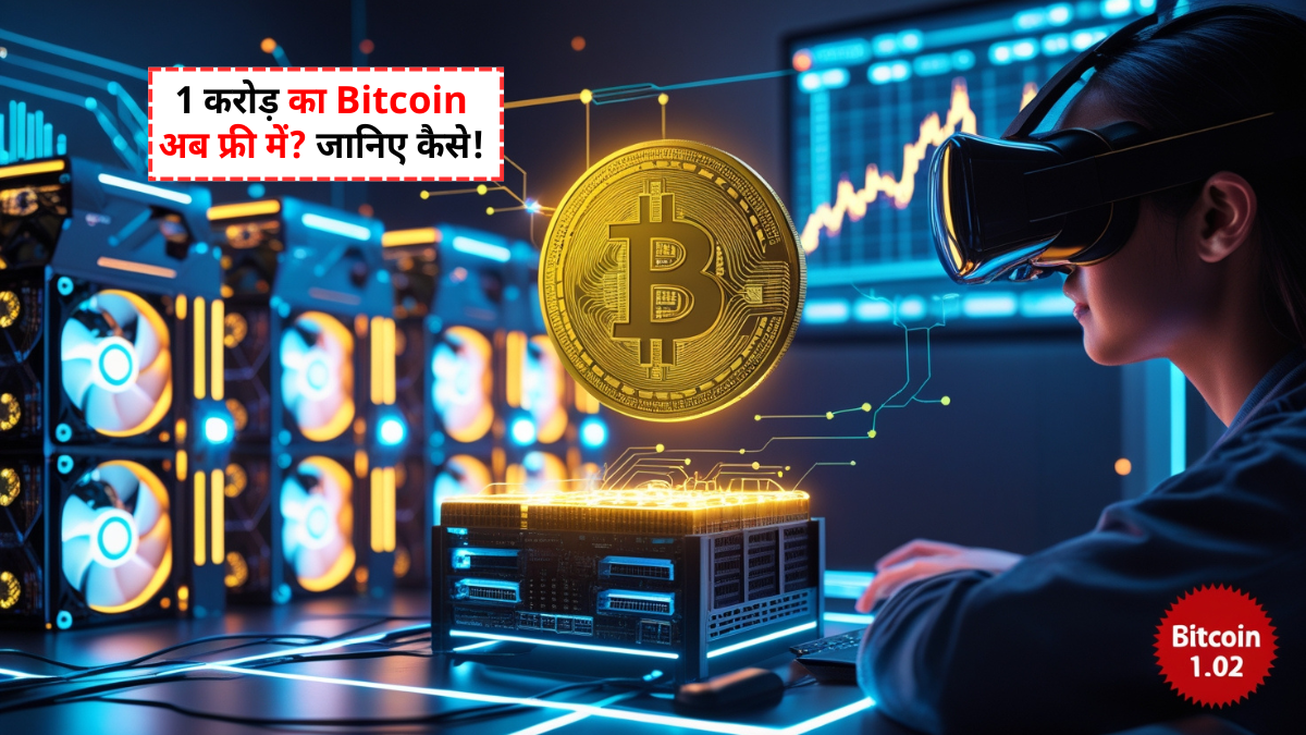 Crypto Mining setup with GPU and ASIC hardware, digital Bitcoin coin and mining software interface in background, representing cryptocurrency mining process in Hindi