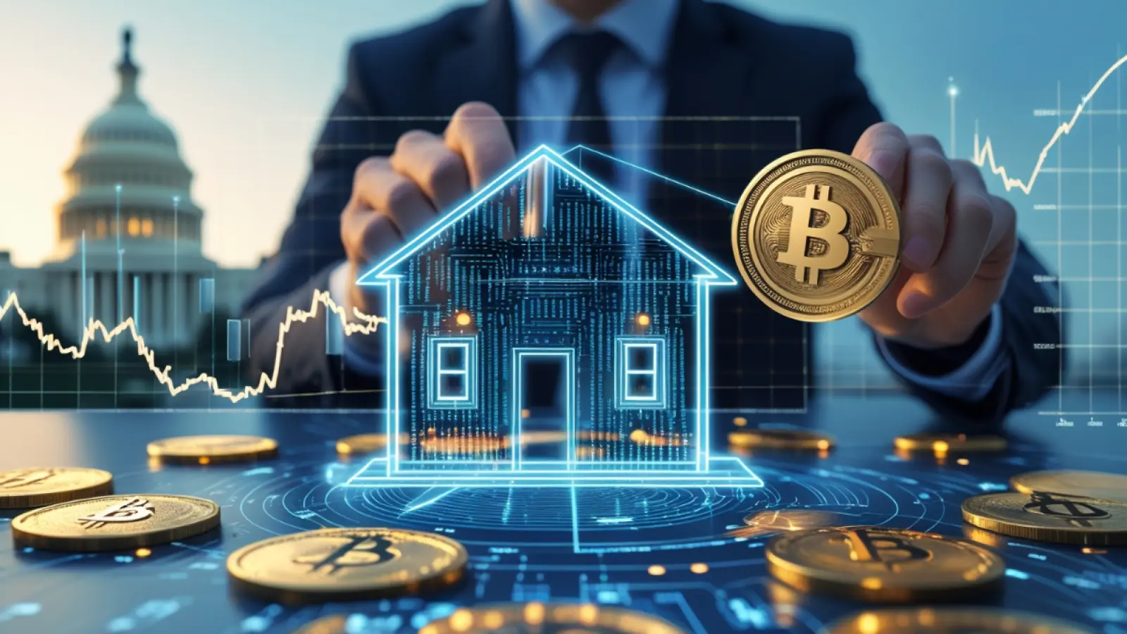 अमेरिकी सीनेटर सिंथिया लुमिस Crypto Mortgage विधेयक पेश करती हुईं, बैकग्राउंड में क्रिप्टो कॉइन और घर की तस्वीर