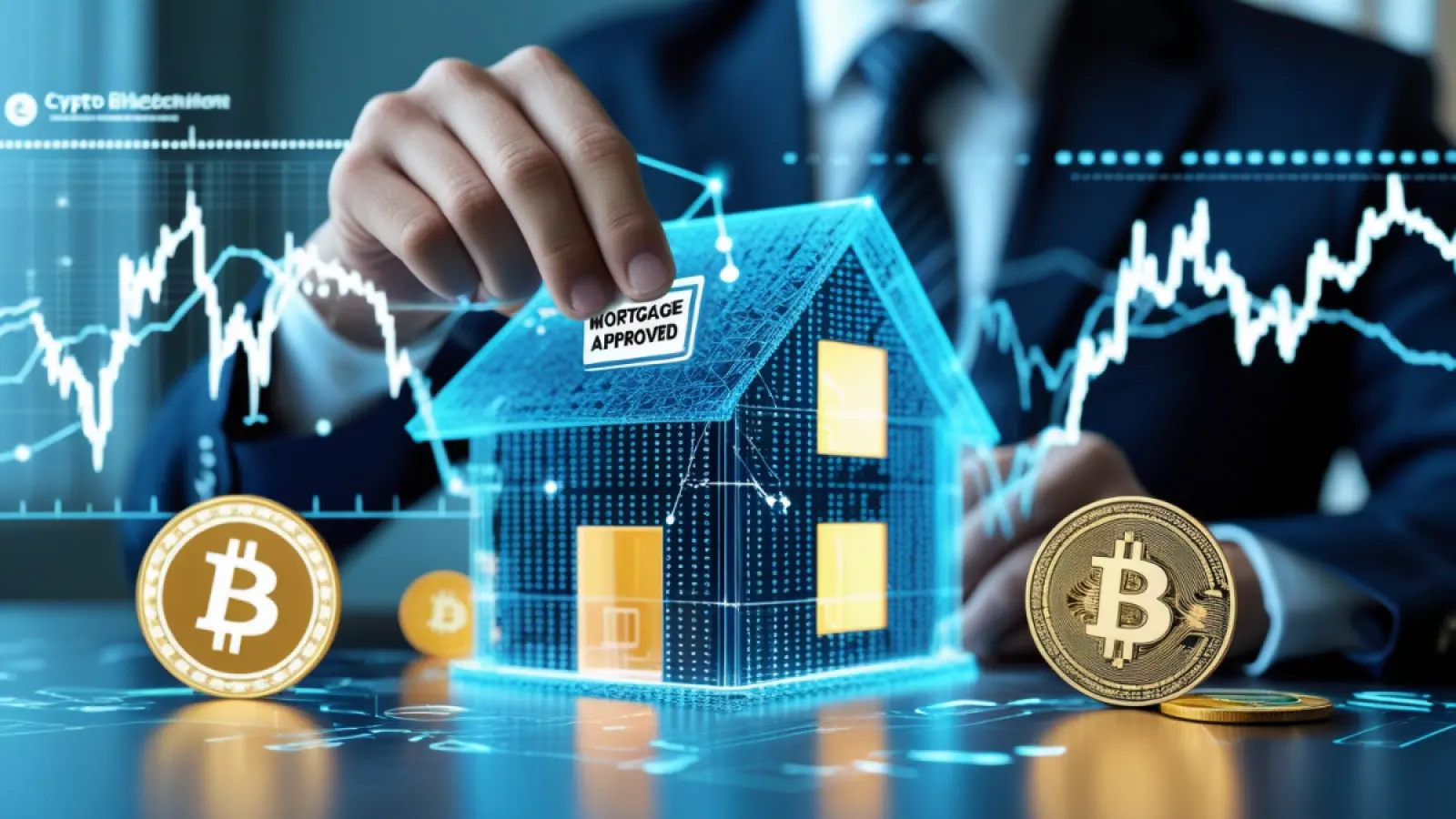 अमेरिकी सीनेटर सिंथिया लुमिस Crypto Mortgage विधेयक पेश करती हुईं, बैकग्राउंड में क्रिप्टो कॉइन और घर की तस्वीर