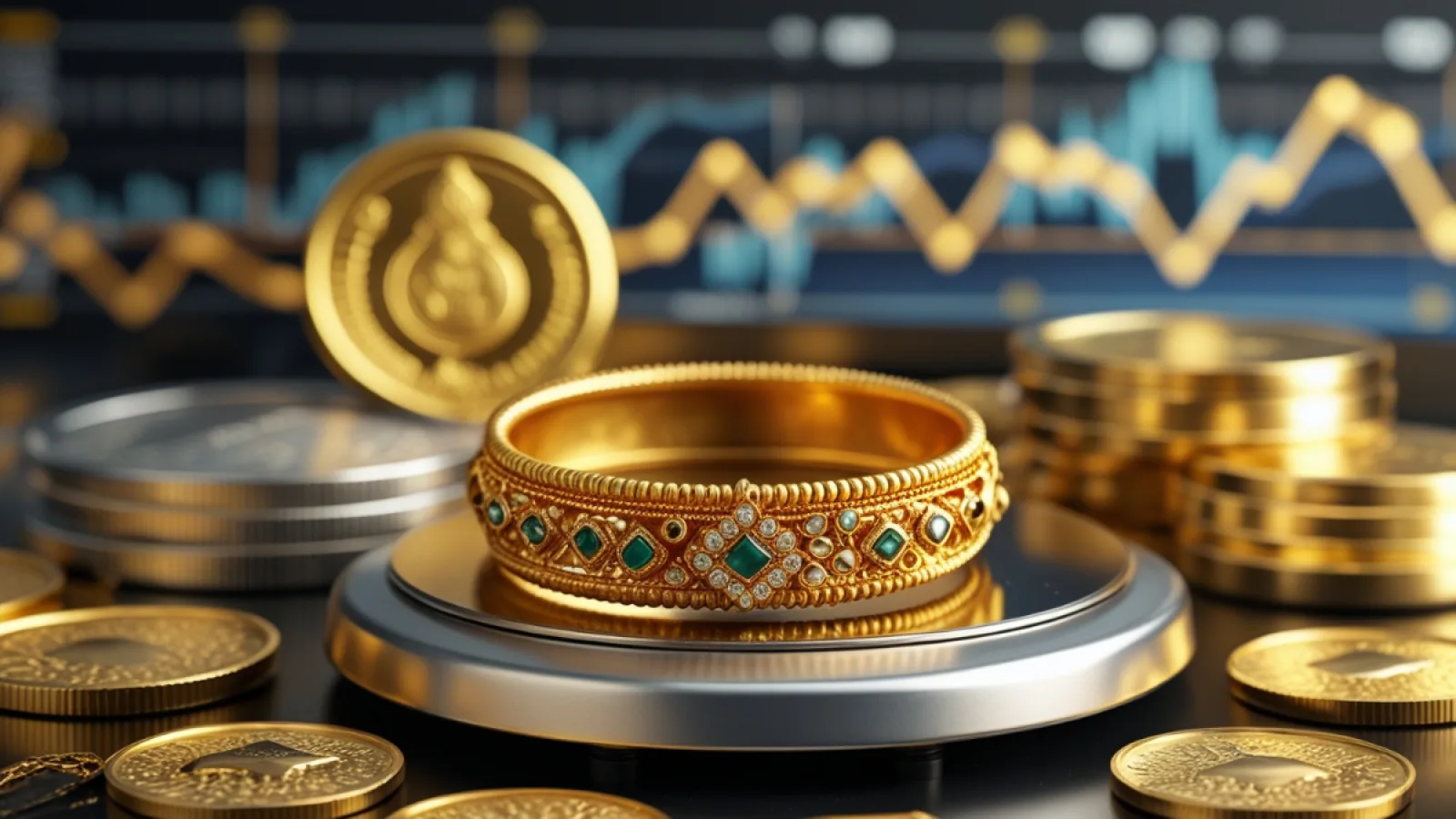 Gold Rate Today: सोने-चांदी के भाव में बदलाव दर्शाता भारतीय आभूषण और फाइनेंशियल ग्राफ वाला चित्र