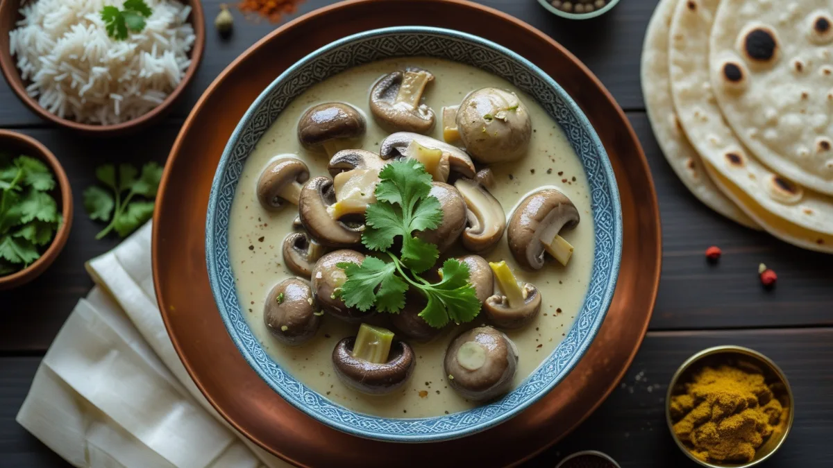 Creamy and spicy Mushroom Kali Mirch Recipe served with jeera rice and coriander garnish in a bowl