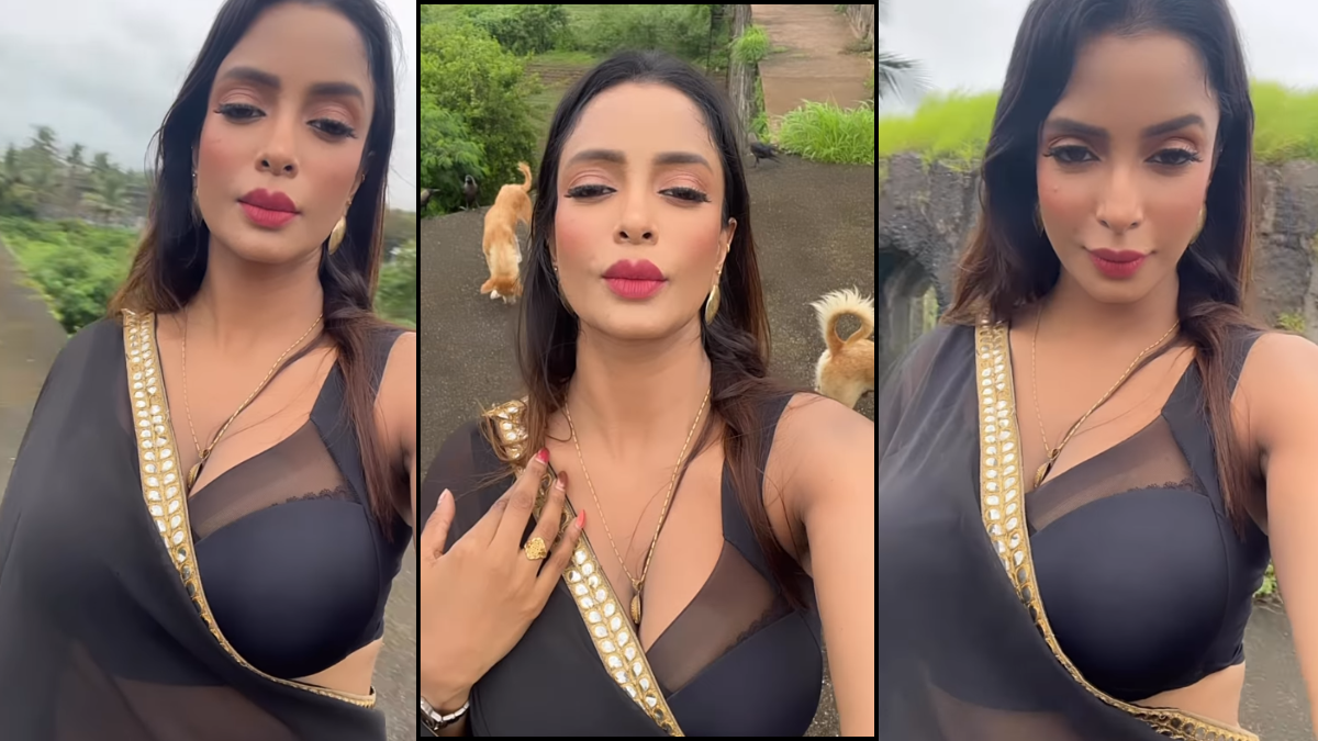 Pallavi Debnath Hot Video in a bold black saree standing outdoors with glamorous look