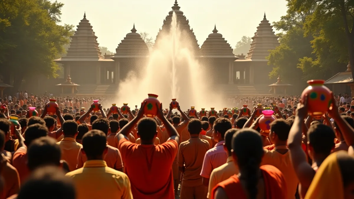 सावन 2025 में भगवान शिव पर जलाभिषेक करते हुए श्रद्धालु - देवघर बाबा मंदिर दृश्य