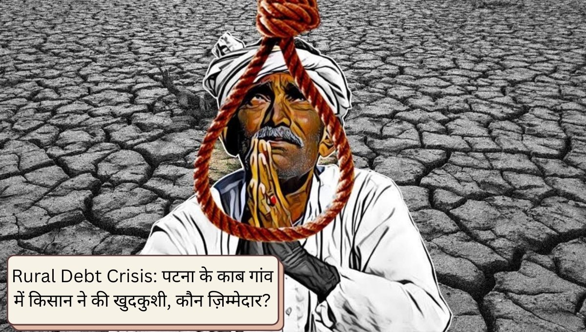 Rural Debt Crisis की समस्या से जूझता हुआ एक ग्रामीण किसान सूखे खेत में निराश बैठा है, जो कर्ज़ के भारी बोझ और मानसिक तनाव की गंभीर स्थिति को बयां करता है।