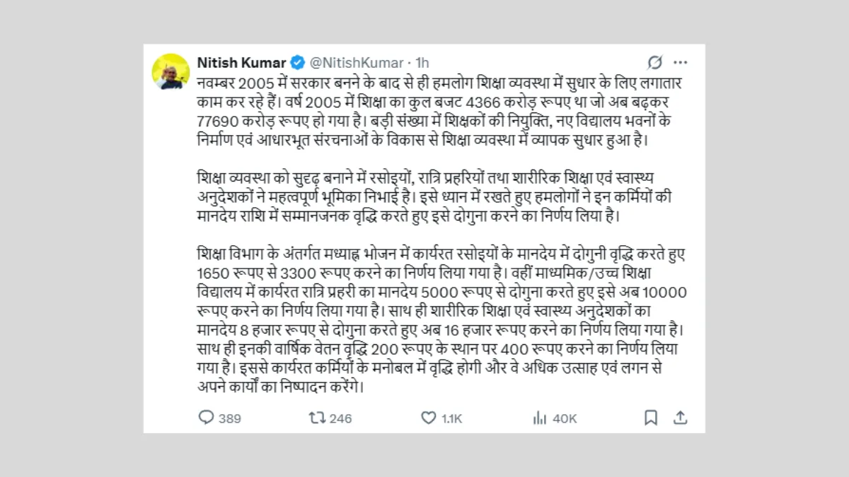 Cm Nitish Kumar Doubles Honorarium announcement for cooks, guards and instructors in Bihar education system