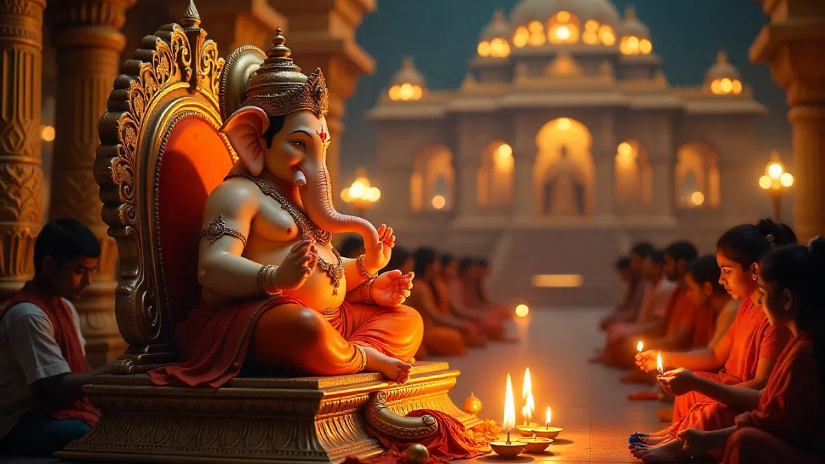 Ganesh Ji Ki Aarti lyrics with devotees performing Ganesh Chaturthi Puja 2025 in decorated pandal
