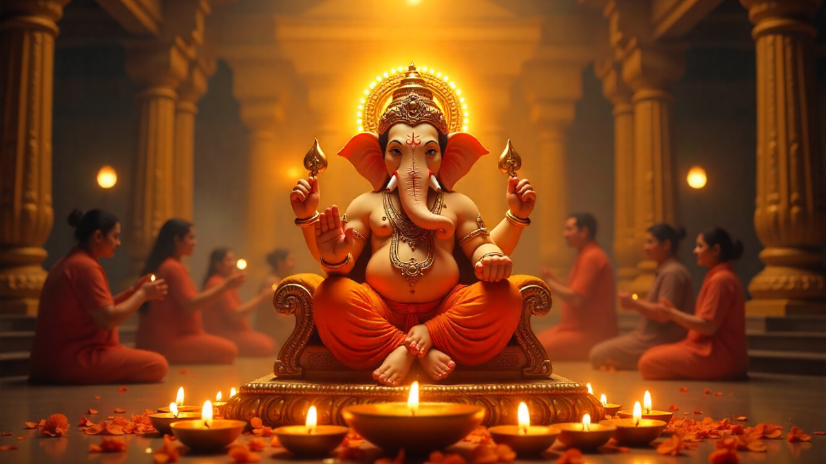 Ganesh Ji Ki Aarti Lyrics With Devotees Performing Ganesh Chaturthi Puja 2025 In Decorated Pandal