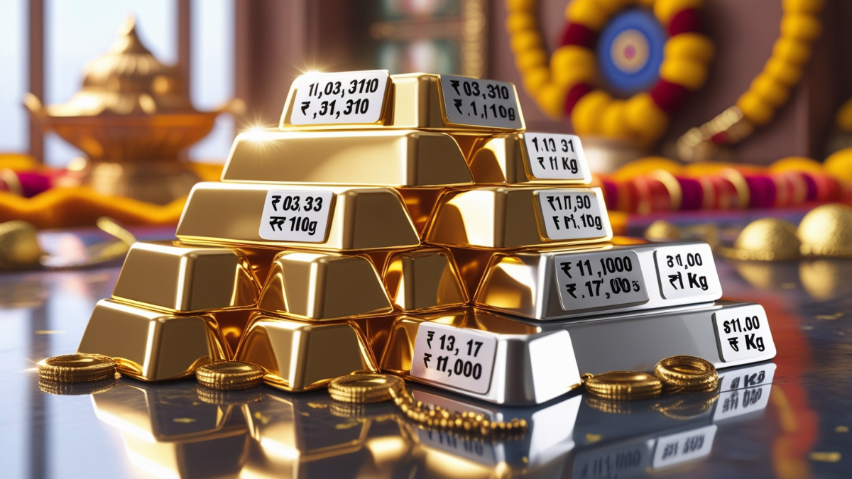 Gold And Silver Price Today 8 August 2025: सोना-चांदी ने बनाया नया रिकॉर्ड, जानें ताज़ा रेट 5 Gold And Silver Price Today 8 August 2025 With Shining Bars, Indian Festive Background And Price Tags