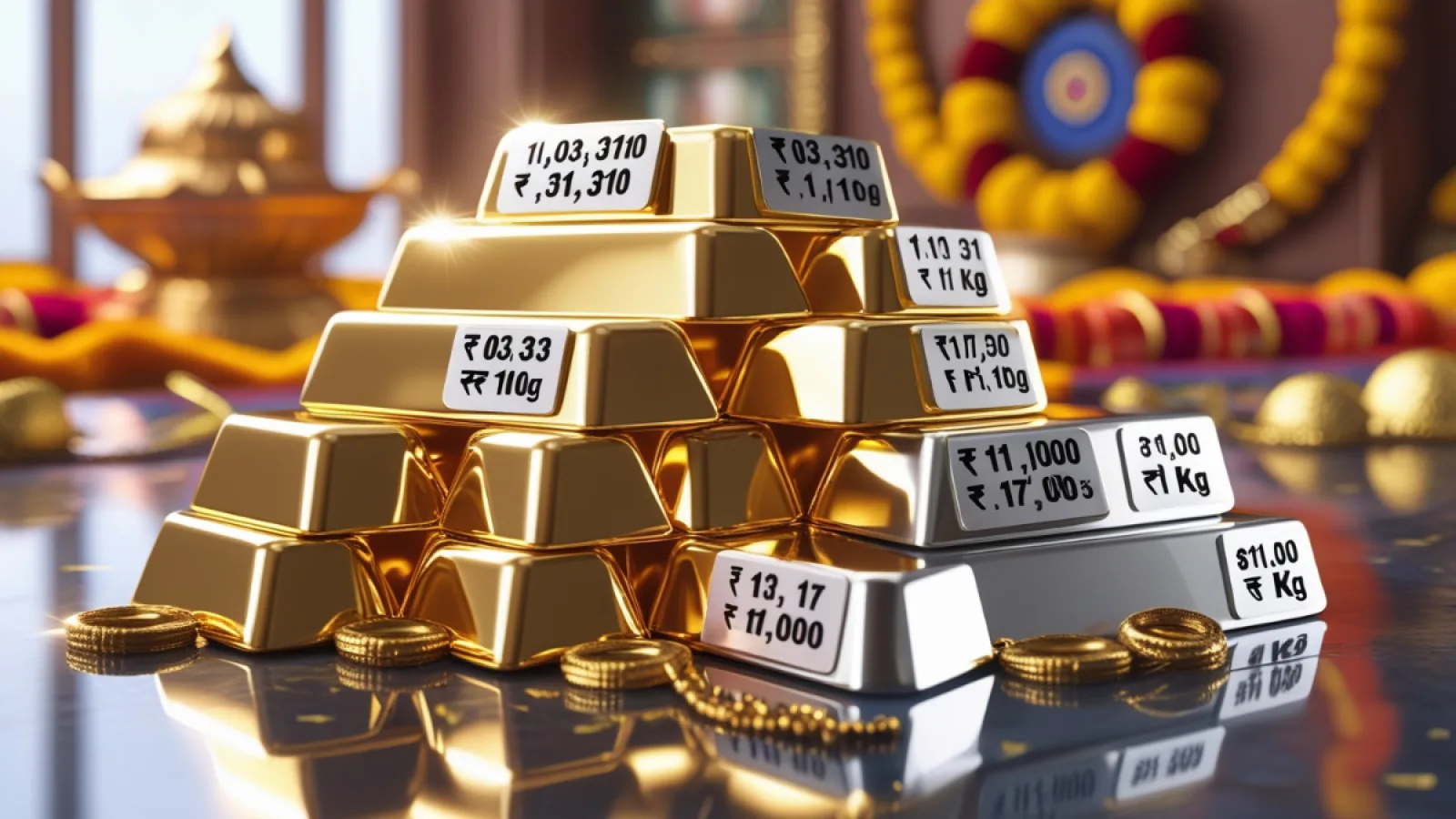Gold and silver price today 8 August 2025 with shining bars, Indian festive background and price tags