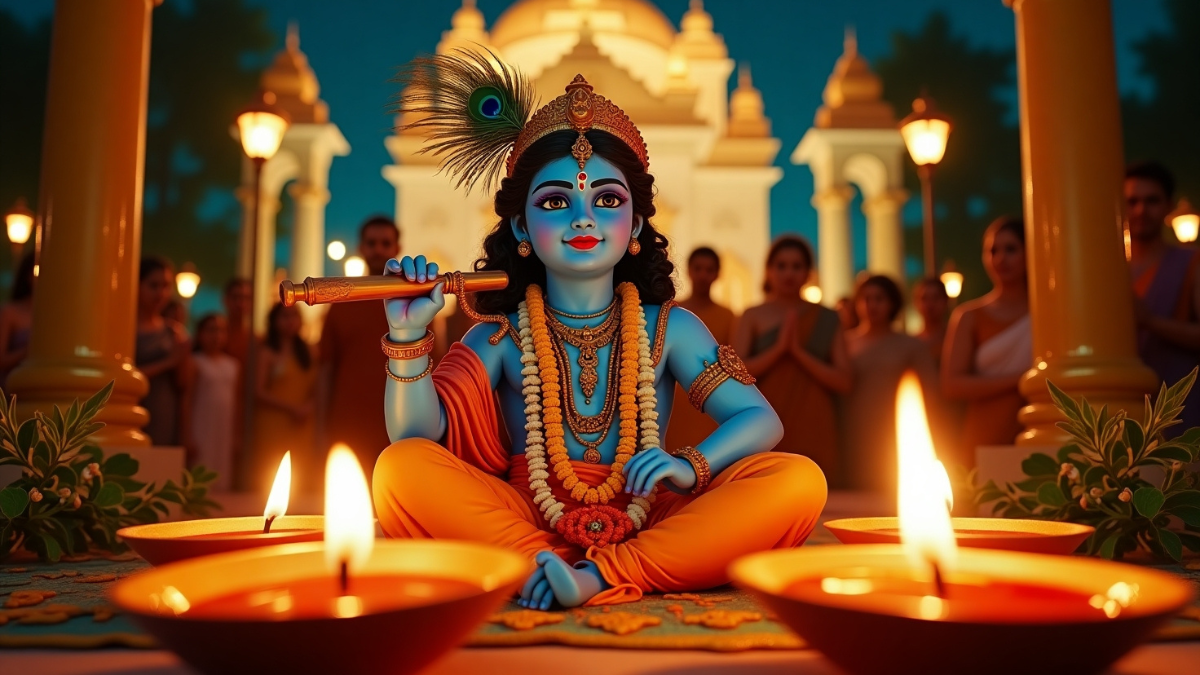 Janmashtami 2025 पर करें इन 5 पावन मंत्रों का जाप, मिलेगा श्रीकृष्ण का आशीर्वाद 6 Janmashtami 2025 पर भगवान श्रीकृष्ण की पूजा करते भक्त, मंत्र जाप और झांकी सजावट के साथ