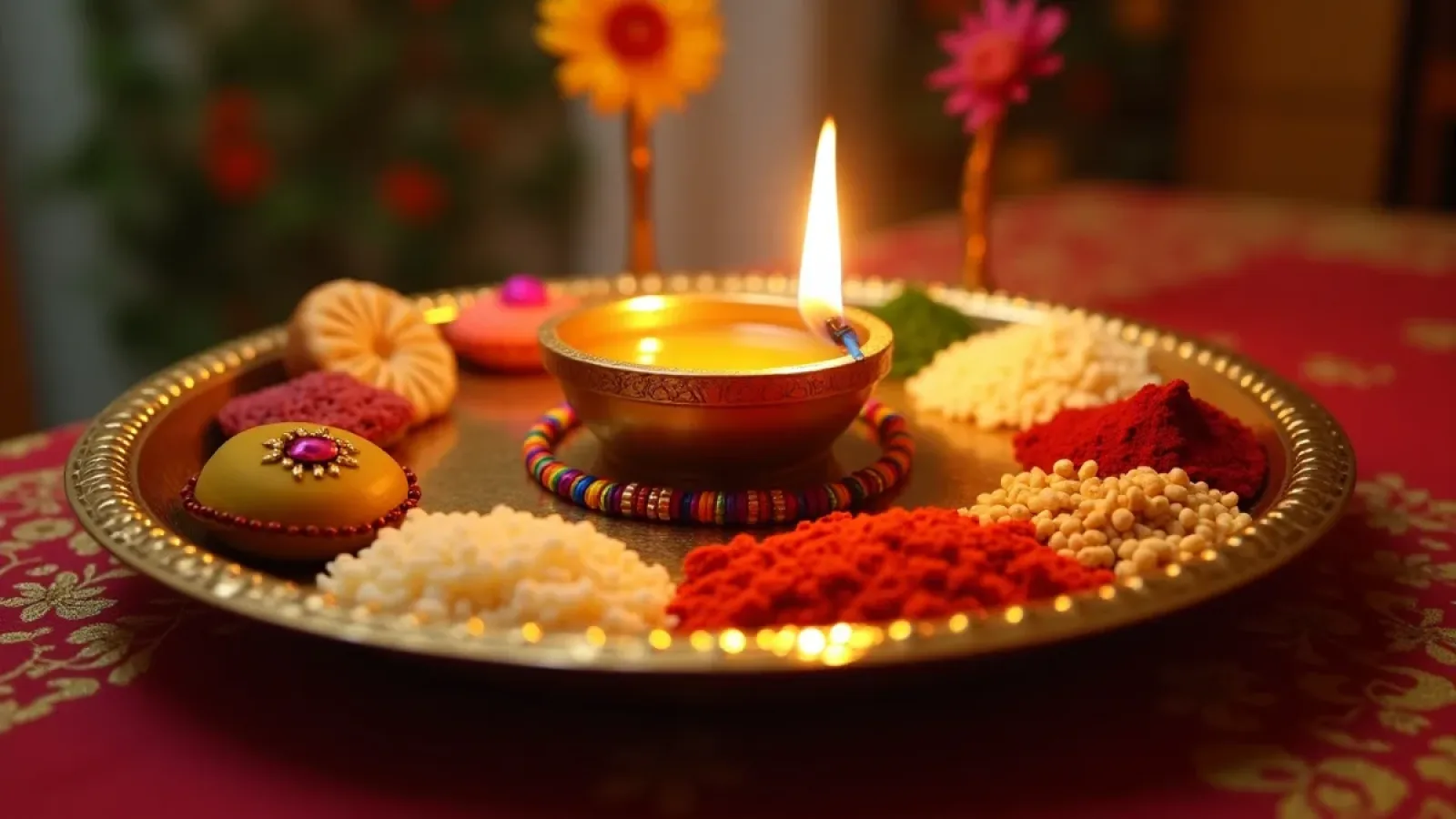 Raksha Bandhan Puja Thali 2025 के लिए पूरक्षाबंधन पूजा थाली में कपूर और अक्षत के साथ राखी सजावट