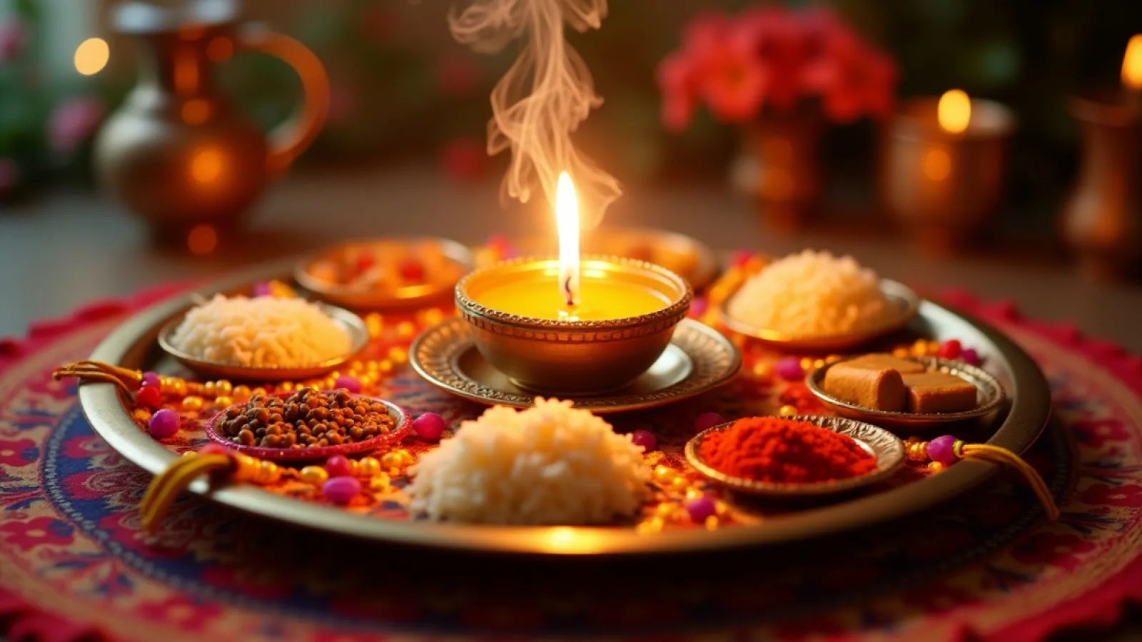 Raksha Bandhan Puja Thali 2025 के लिए पूरक्षाबंधन पूजा थाली में कपूर और अक्षत के साथ राखी सजावट