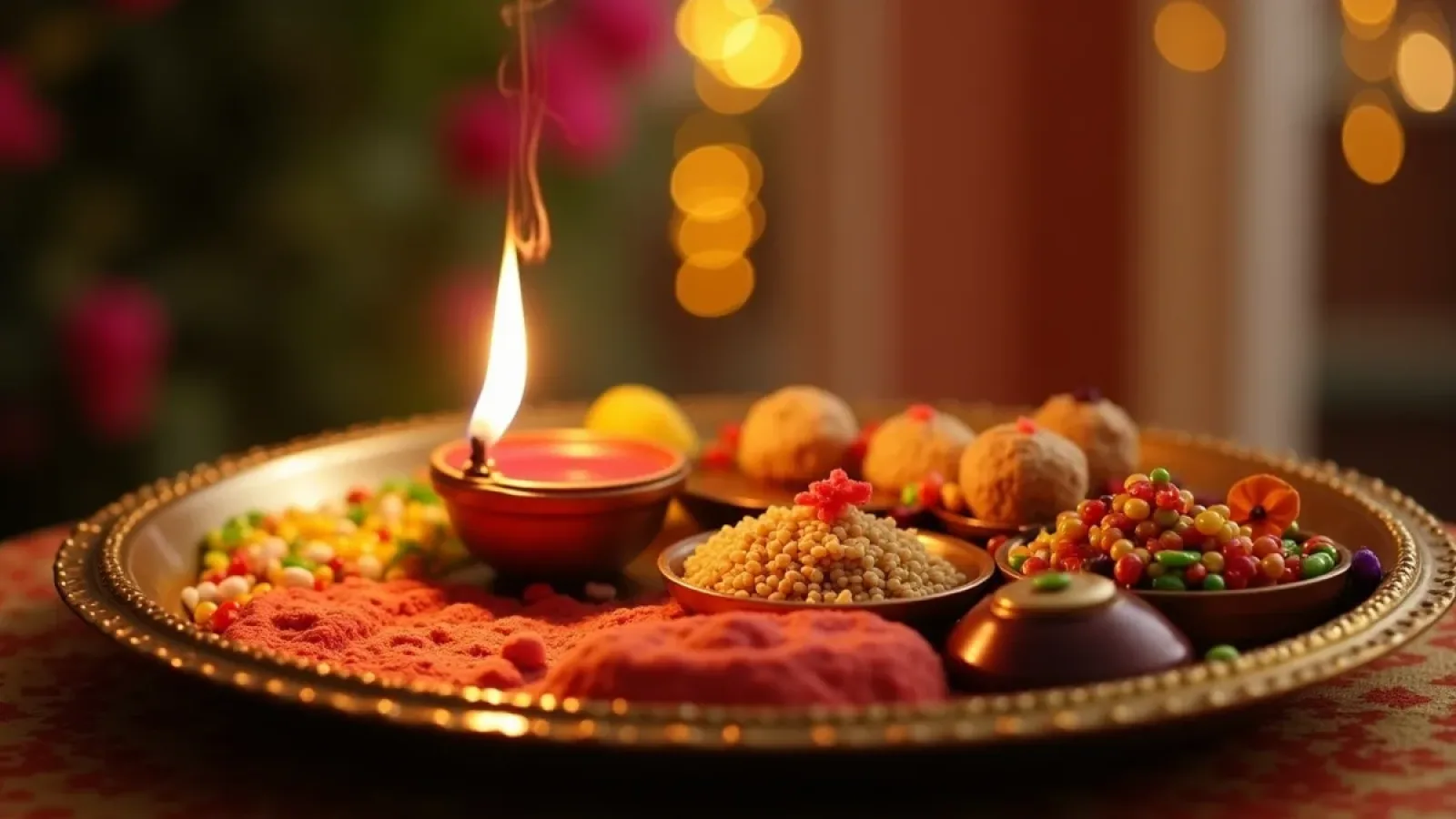Raksha Bandhan Puja Thali 2025 के लिए पूरक्षाबंधन पूजा थाली में कपूर और अक्षत के साथ राखी सजावट