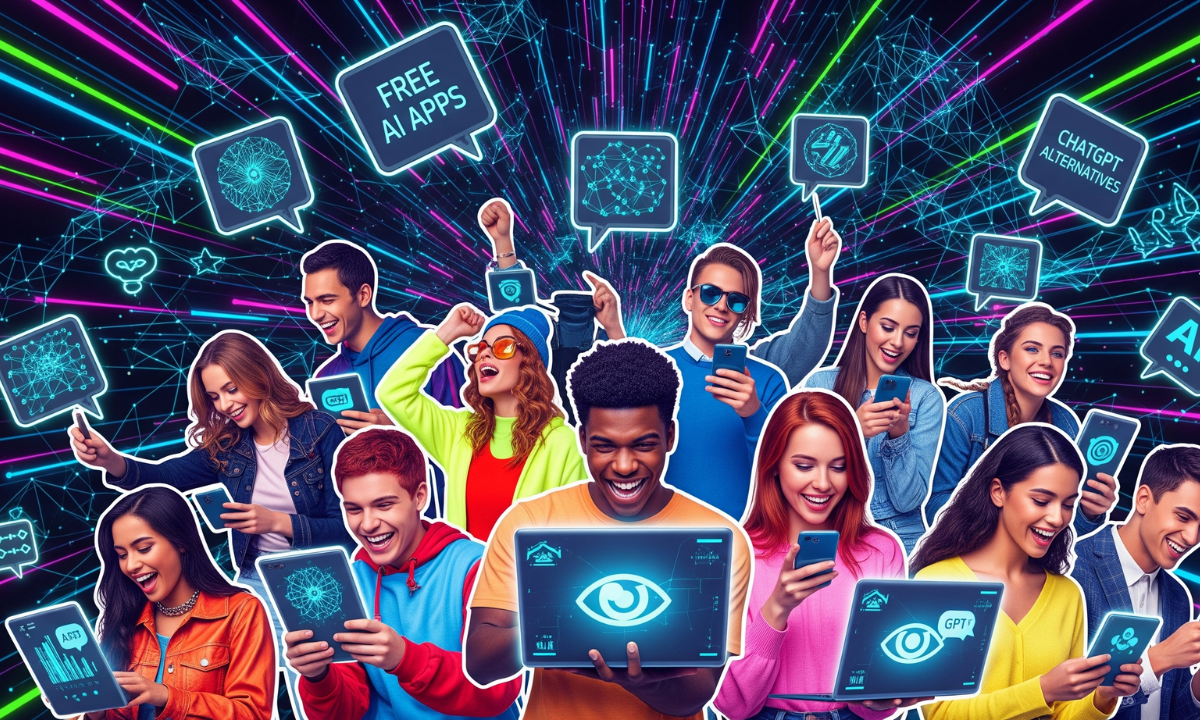 Gen Z युवा विभिन्न फ्री AI ऐप्स का उपयोग करते हुए, ChatGPT Alternatives की टेक्नोलॉजी का अनुभव करते हुए।