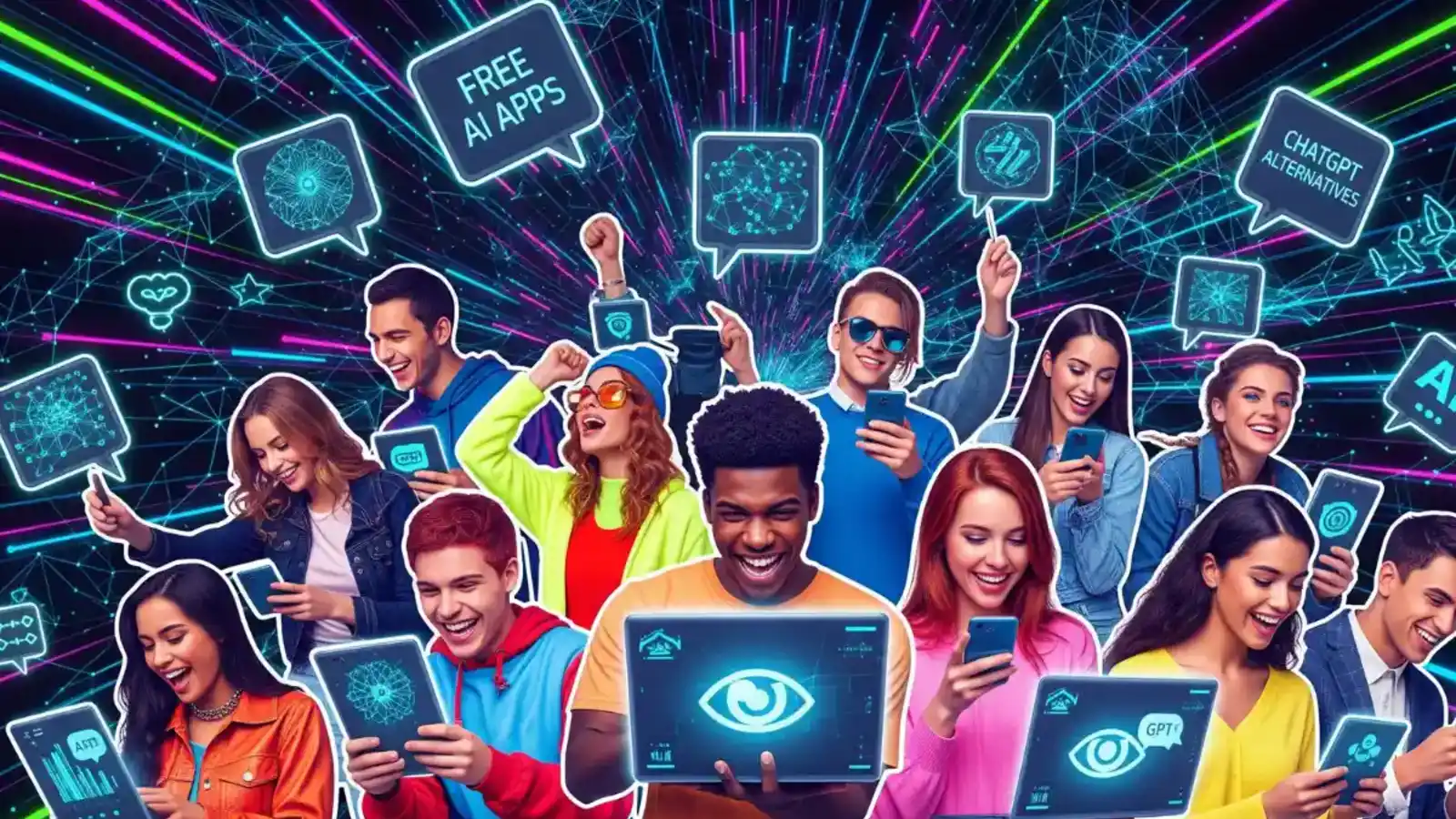 Gen Z युवा विभिन्न फ्री AI ऐप्स का उपयोग करते हुए, ChatGPT Alternatives की टेक्नोलॉजी का अनुभव करते हुए।