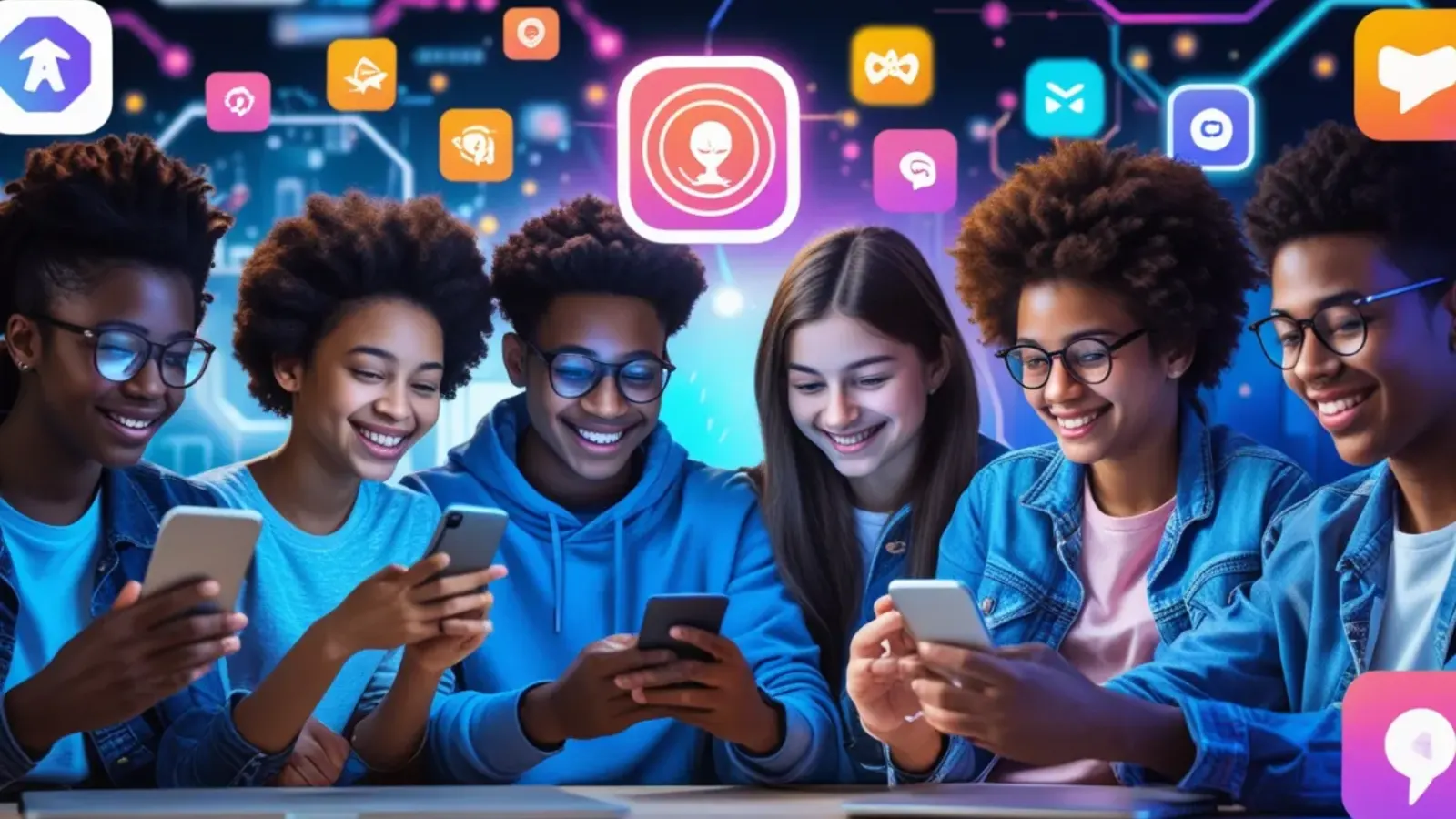 Gen Z युवा विभिन्न फ्री AI ऐप्स का उपयोग करते हुए, ChatGPT Alternatives की टेक्नोलॉजी का अनुभव करते हुए।