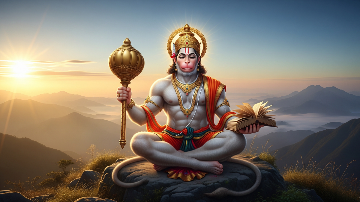 भक्त सुबह ब्रह्म मुहूर्त में दीपक जलाकर हनुमान चालीसा पाठ करते हुए – Hanuman Chalisa Paath Ka Samay
