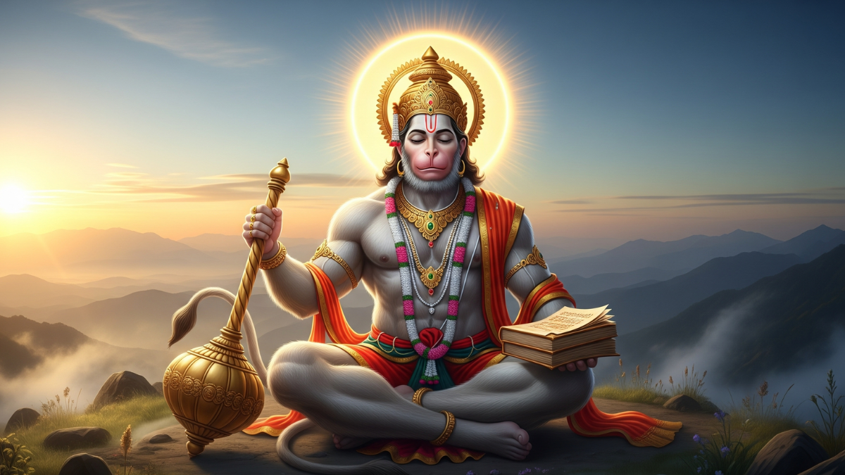 भक्त सुबह ब्रह्म मुहूर्त में दीपक जलाकर हनुमान चालीसा पाठ करते हुए – Hanuman Chalisa Paath Ka Samay