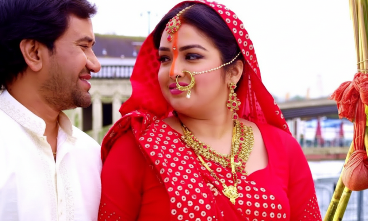Amrapali Dubey and Dinesh Lal Yadav Nirahua performing rituals in Bhojpuri Chhath Puja Song ‘Pahile Pahile Bani Kaile Chhathi Maiya’ with traditional attire and devotion.