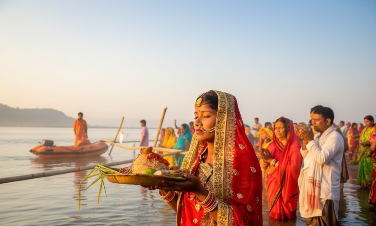Chhath Puja 2025 sunrise arghya rituals at river ghat – devotees offering prayers to Surya Dev