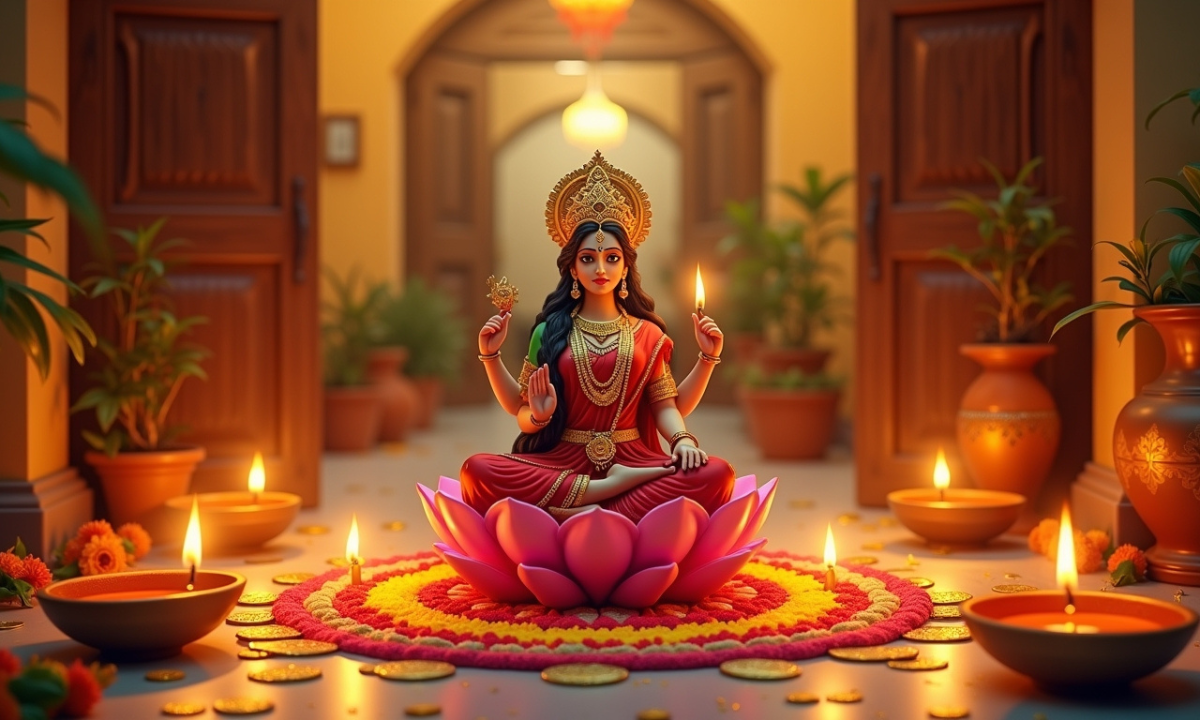 Diwali 2025 celebration with Goddess Lakshmi puja, diyas, and colorful rangoli symbolizing prosperity and happiness