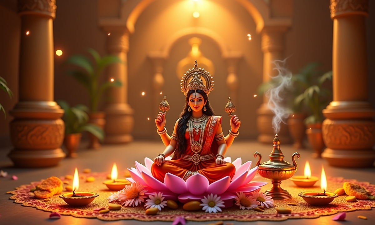 Diwali 2025 Lakshmi Puja Muhurat – देवी लक्ष्मी की पूजा करते हुए दीपक और फूलों से सजा हुआ घर, दिवाली 2025 का शुभ मुहूर्त