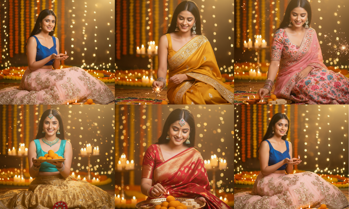 Gemini girl using AI Diwali prompt to create stunning festive photos with lights and traditional look.
