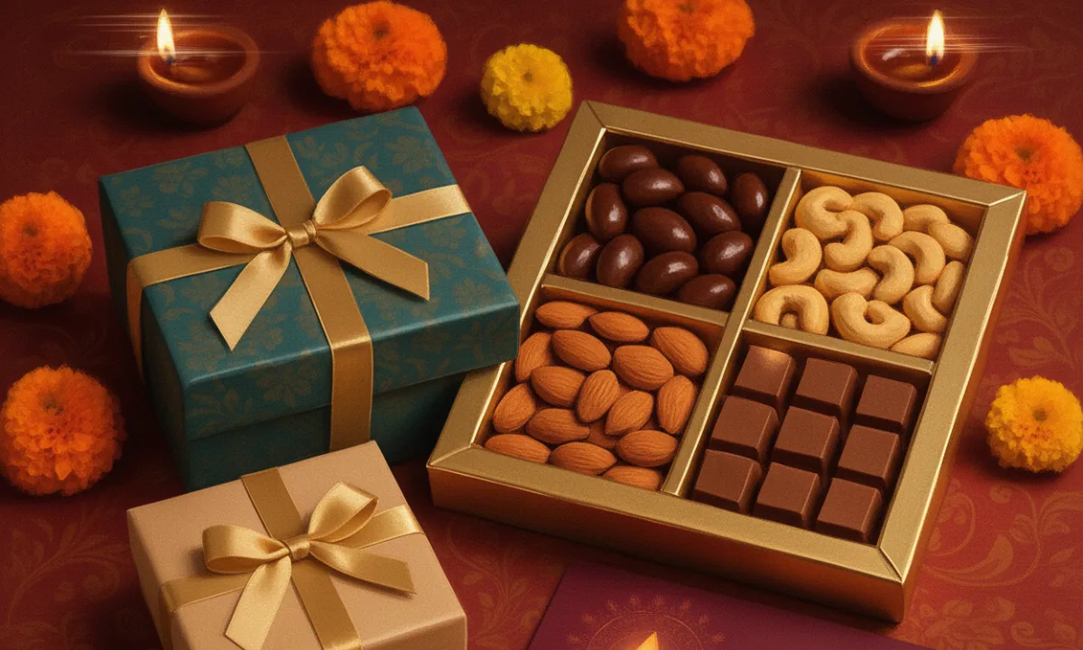 Diwali Gift Ideas 2025 – यूनिक और पर्सनलाइज्ड दिवाली तोहफों की खूबसूरत सजावट, लैंप, ड्रायफ्रूट बॉक्स और हैंडमेड गिफ्ट्स के साथ।