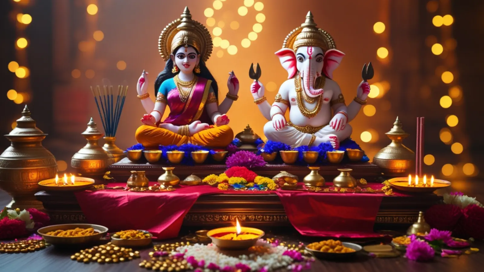 Diwali Puja Samagri List 2025 – मां लक्ष्मी और भगवान गणेश पूजा सामग्री लिस्ट, दीपक, फूल, मिठाई और पूजा विधि के साथ सजावट।