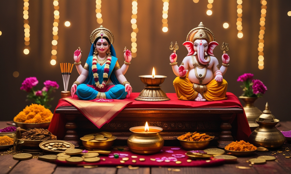 Diwali Puja Samagri List 2025 – मां लक्ष्मी और भगवान गणेश पूजा सामग्री लिस्ट, दीपक, फूल, मिठाई और पूजा विधि के साथ सजावट।